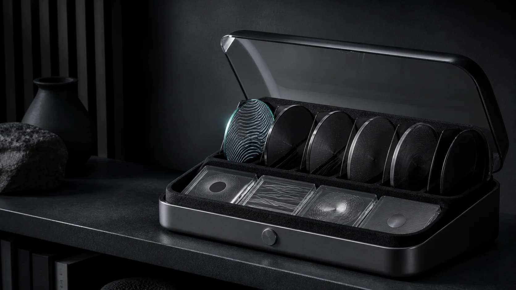 A graphite case holding a collection of distinct acoustic forms