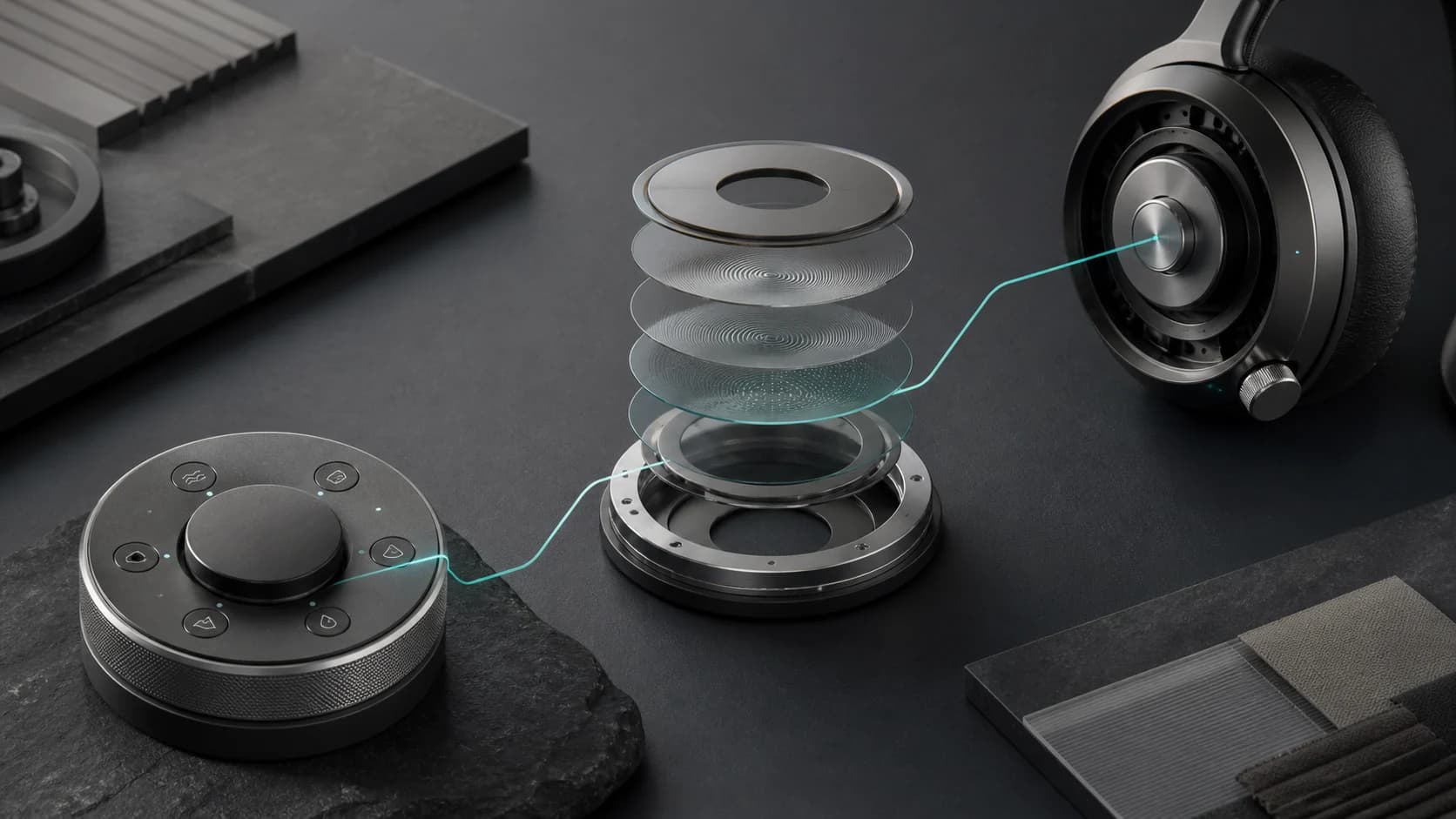 Exploded acoustic layers connecting a control dial to graphite headphones